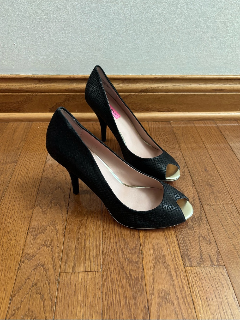 Betsey Johnson Black Peep Toe Heels with Snakeskin Texture